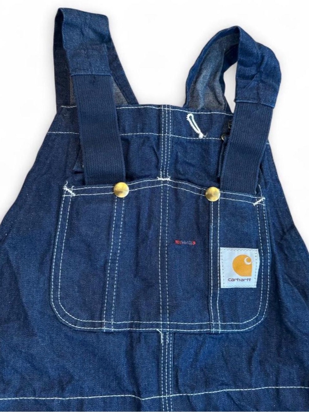 Carhartt Indigo Denim Bib Overalls with Brass Buttons and Logo Patch